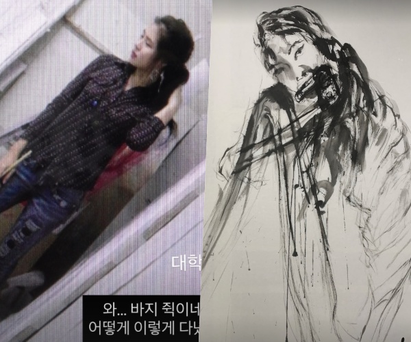 大学時代のミジャの写真と、彼女が描いた人物画