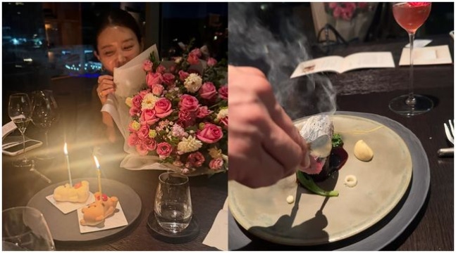 チェ・ジョンアンが誕生日の食卓と大きなピンクの花束を前に笑顔を見せる