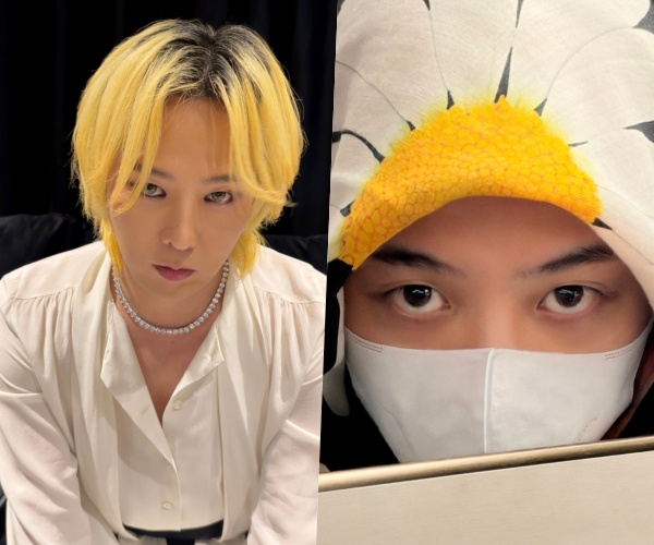 白いシャツと金髪姿のG-DRAGON、花柄スカーフを頭に巻いてマスクを着けたG-DRAGONの2枚組写真。
