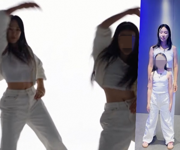 白い服を着たイ・ジヘと長女テリさんが並んで踊る様子を捉えた動画の場面