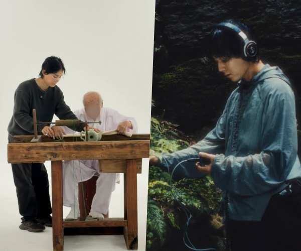 玉を加工する職人の隣で作業を見守るDAWNと、森で録音するDAWN