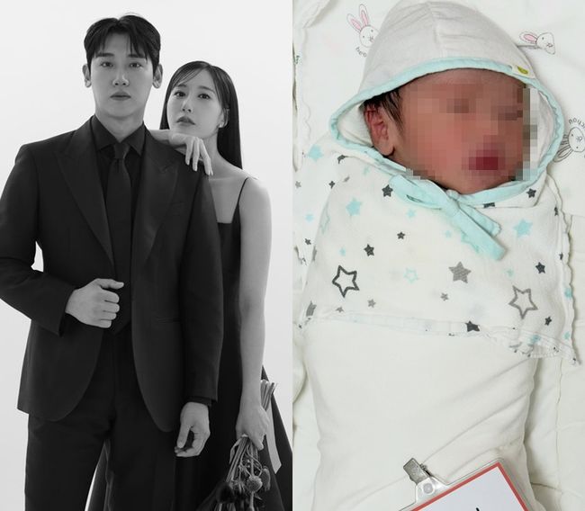 ピョルサランと夫のモノクロ写真に、新生児の写真を並べた画像。赤ちゃんの顔にはモザイクがかかっている