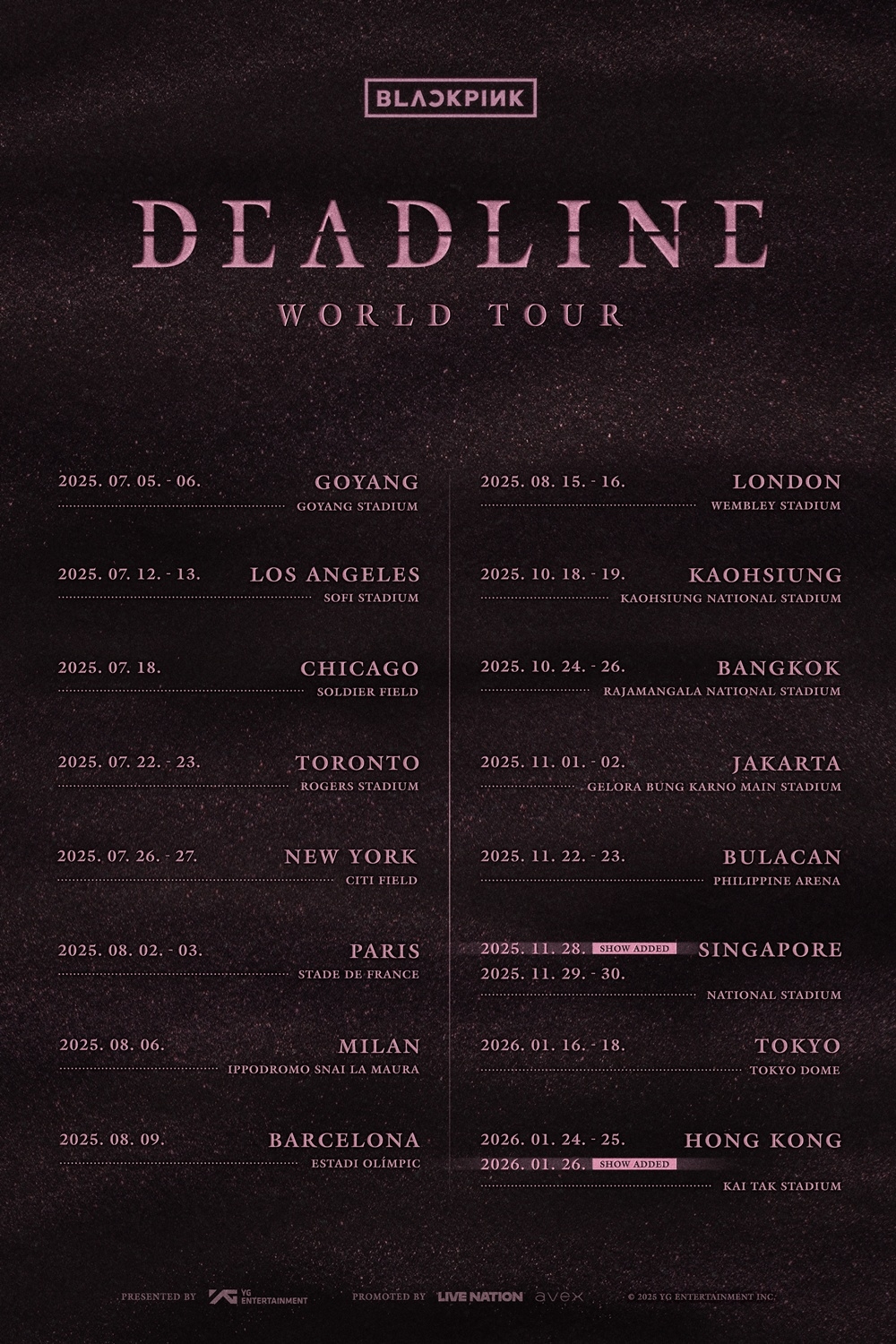 YG LIFE – BLACKPINK Adds Singapore and Hong Kong Stops to