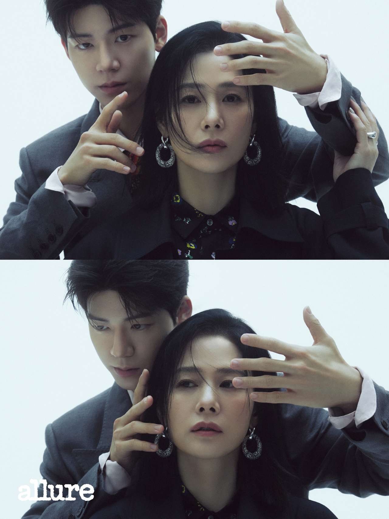 黒い衣装のキム・ヒョンジュとペ・ヒョンソンが並ぶ「Allure Korea」のデュオ写真