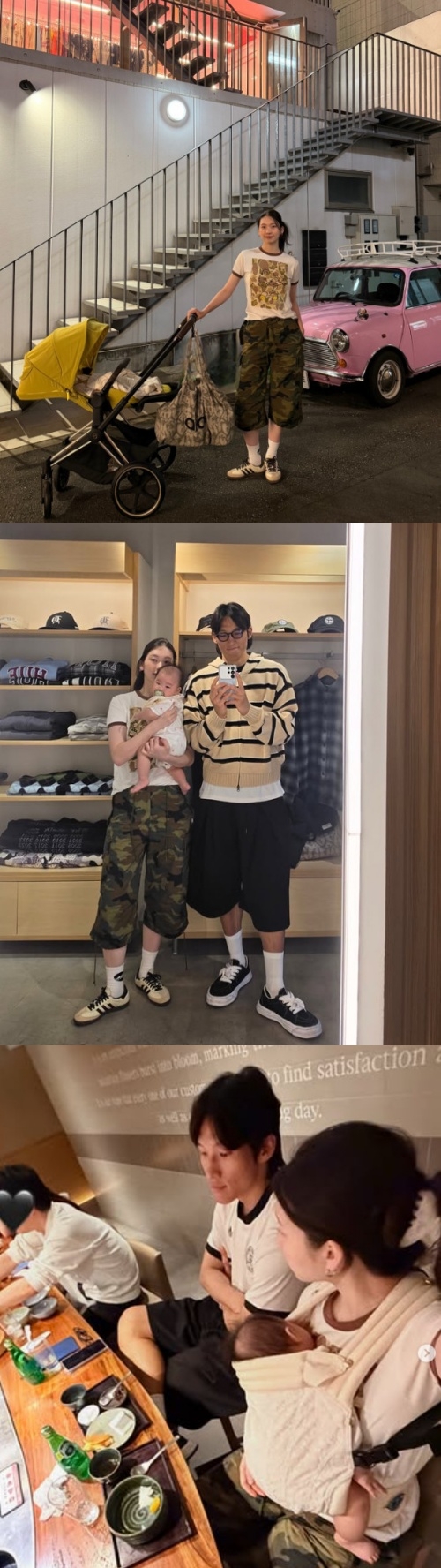 迷彩柄のパンツ姿でベビーカーを押すキム・ジンギョン、夫キム・スンギュと娘を抱いて撮った鏡越しの写真、家族で食事する様子をまとめた縦長写真