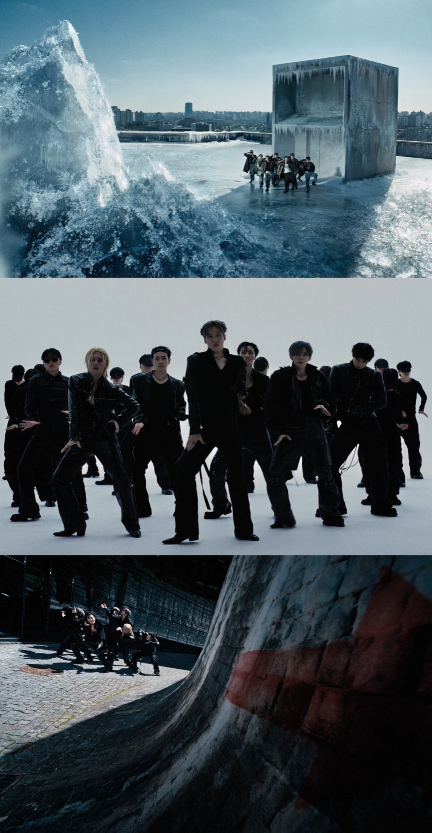 氷の景色や白い空間を背景に、ダンサーとともに踊るATEEZ