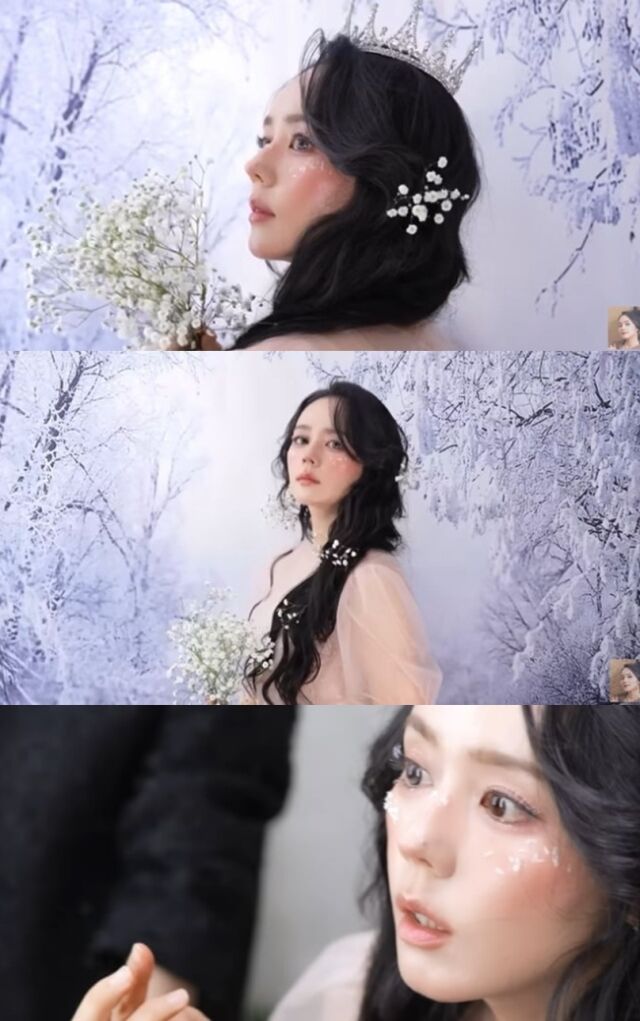 Han Ga-in con maquillaje de fantasía romántica y vestido rosa translúcido