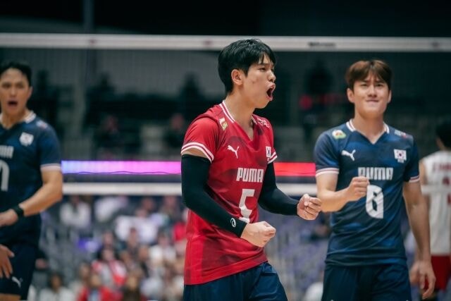 10일 일본 후쿠오카의 기타큐슈시립체육관에서 펼쳐진 2026 아시아선수권 중국과 8강전에서 포효하고 있는 박경민./AVC 제공
