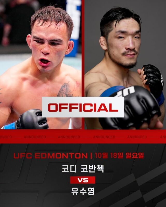 '유짓수' 유수영 <b>UFC</b> 3승 도전, MMA 9연승 무서운 신예 코반첵과 격돌