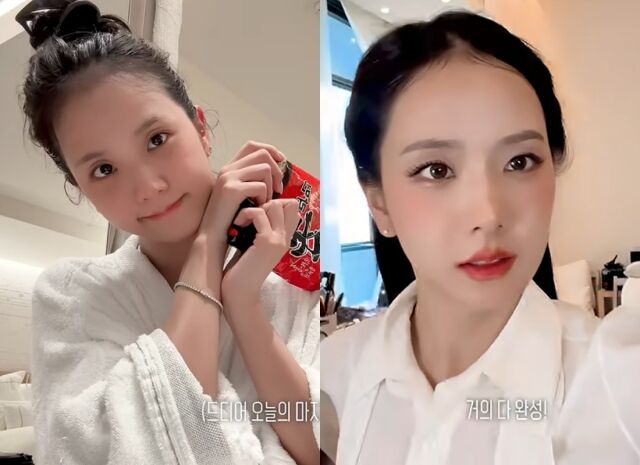 ラーメンを手にしたジスと、翌日のメイク中のジスを並べた写真