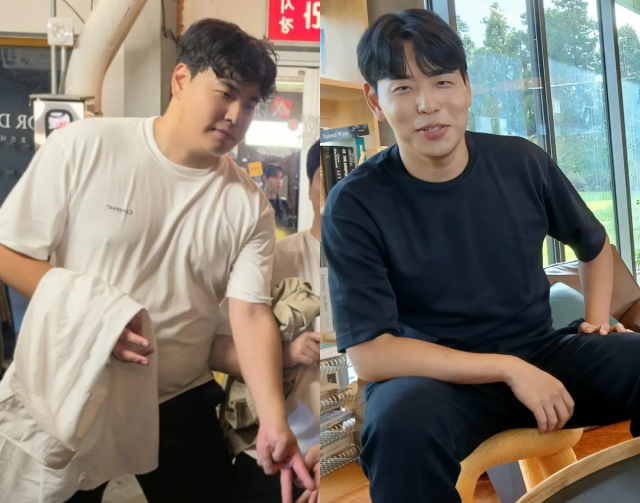 カフェで椅子に座るキム・サンホと、隣に立つ男性。番組撮影時の写真として紹介された。