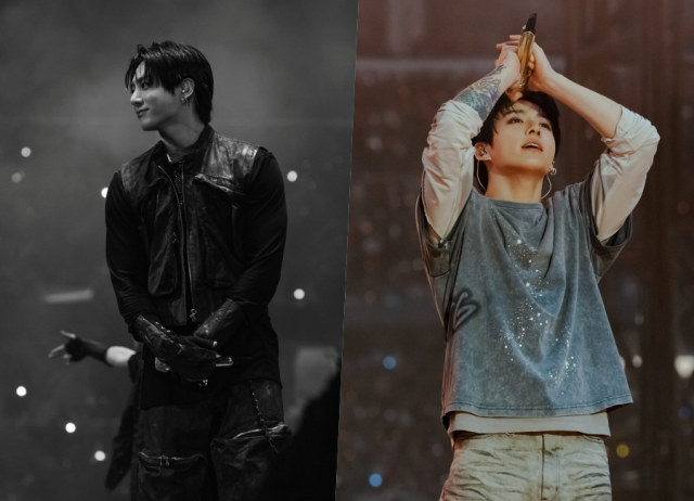 BTSのダラス公演で、黒い衣装とレザーベスト姿でステージに立つジョングク