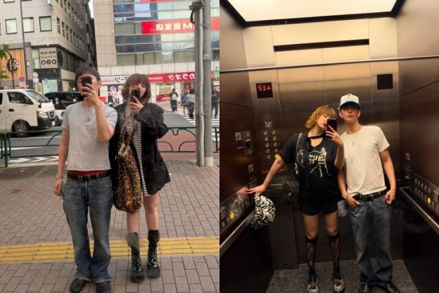 日本旅行中の街角とエレベーターで撮影したヒョナとヨン・ジュンヒョンのツーショット