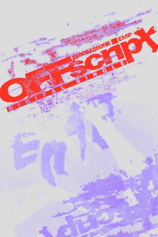 EMPの初デジタルシングル「OFF script」のポスター。赤いタイトル文字とメンバーのシルエットが描かれている