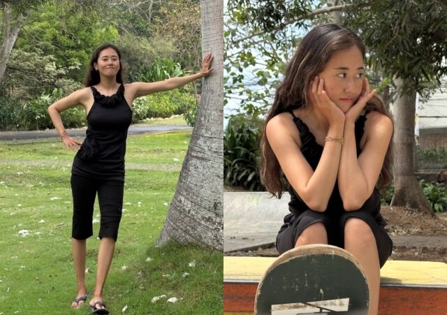 黒いノースリーブ姿で屋外のスケートボードに座るホ・ガユン