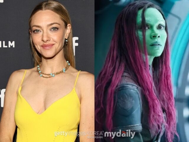 黄色いドレス姿のアマンダ・サイフリッドと、ガモーラを演じるゾーイ・サルダナ