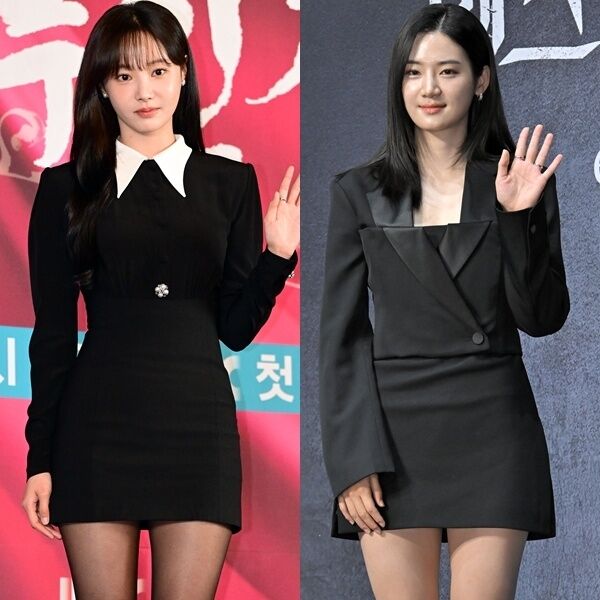 黒い衣装でポーズを取る女優ヨヌとパク・ジュヒョンの写真。