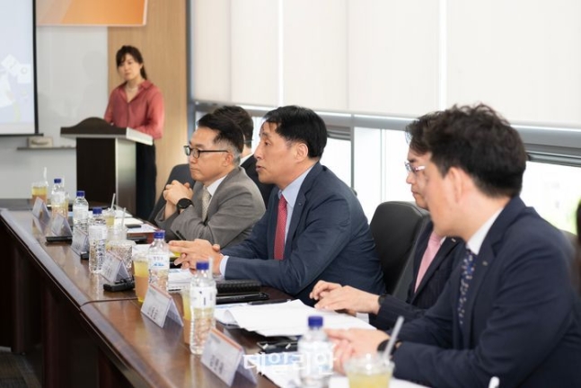 韓國貿易保險公司（Center）主席Jang Young -Jin正在與韓國中型公司協會和中型公司官員Lee Ho -Jun舉行會議。