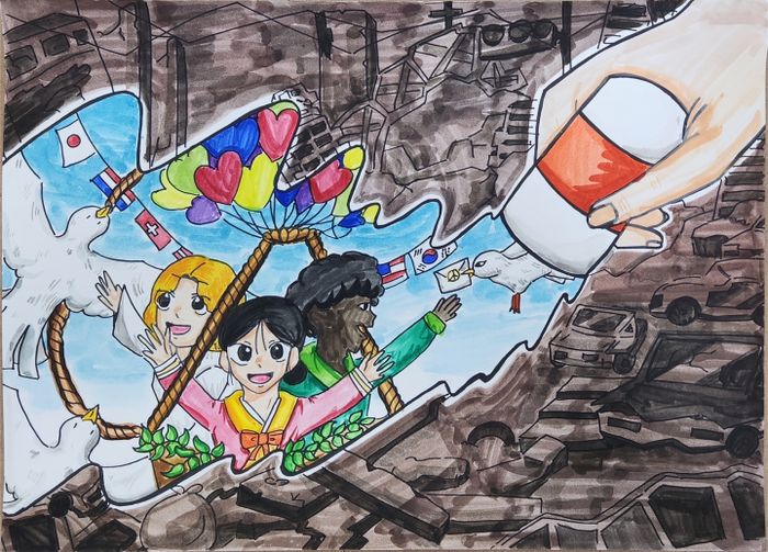 '우리 전쟁 속의 흔적 지우개', 제6회 평화사랑 그림그리기 국제대회 대구 지역 예선 중등부 1등 작품(김지우, 경혜여자중학교 1학년)ⓒ(사)세계여성평화그룹(IWPG) 제공