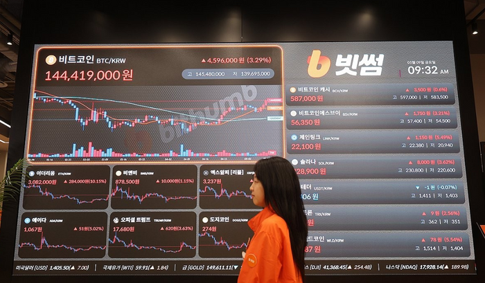 비트코인이 10만 달러선을 회복한 지난 9일 서울 서초구 빗썸라운지 강남본점 전광판에 실시간 비트코인,이더리움 등 가상자산 가격이 표시되고 있다.ⓒ연합뉴스