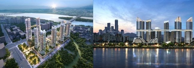 용산정비창 전면1구역 조감도.포스코이앤씨(왼쪽)와 HDC현대산업개발.ⓒ각 사