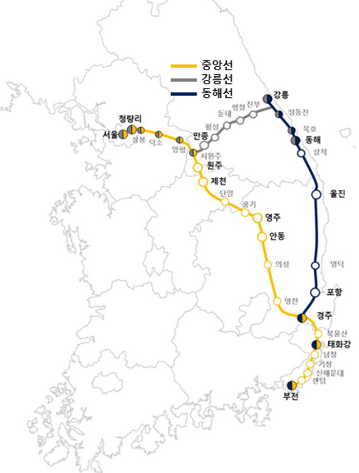 중앙선·동해선·강릉선 노선도.ⓒ국토교통부
