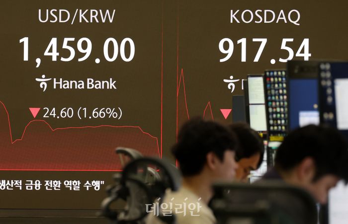 서울 외환시장에서 원·달러 환율이 장중 1460원 밑으로 거래중인 24일 서울 중구 하나은행 딜링룸 전광판에 환율이 표시되고 있다.ⓒ뉴시스