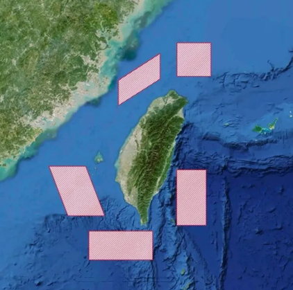 29일 중국 인민해방군이 발표한 사격 훈련 지역.ⓒAP/연합뉴스