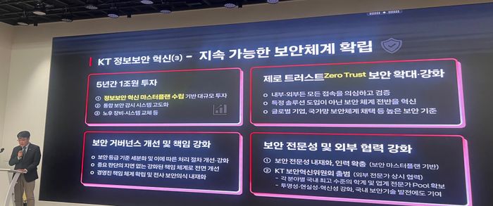 박민우 KT 정보보안혁신TF장이 30일 서울 광화문 KT 사옥에서 진행된 기자 브리핑에서 지속 가능한 보안체계 확립을 위한 계획을 발표하고 있다.ⓒ데일리안 이주은 기자