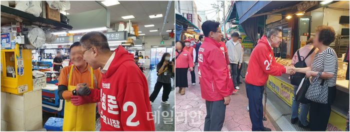 박형준 국민의힘 부산시장 후보가 22일 부산 중구 자갈치시장에서 상인과 인사를 나누고 있는 모습(왼쪽)과 부산 영도구 남항시장에 장을 보러온 시만과 인사를 나누고 있는 모습(오른쪽) ⓒ데일리안 김민석 기자