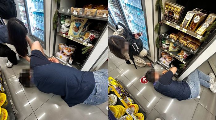 인천국제공항 편의점 직원이 진열대 틈새에 떨어진 외국인 여행객의 이어폰을 찾기 위해 바닥에 엎드려 애쓰고 있다.ⓒ뉴시스=스레드 캡처
