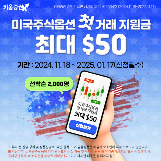 키움증권, 미국주식옵션 첫거래에 최대 50달러 지원