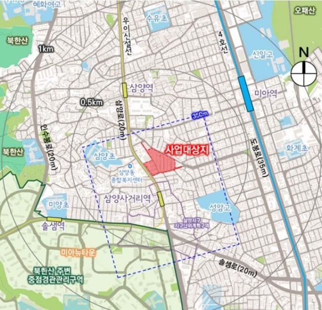 ◆…한국투자부동산신탁이 사업시행자로 지정된 '삼양사거리 역세권 재개발' 위치 [자료=한국투자부동산신탁]