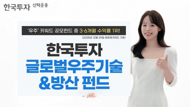 ◆…한국투자신탁운용의 우주기술&방산 펀드가 6개월 수익률 38%로 동종유형 펀드 수익률 1위를 기록했다.[사진=한국투자신탁운용]