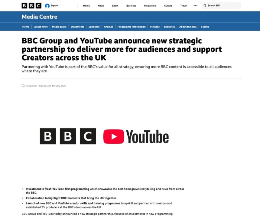 BBC는 1월21일 유튜브와 맺은 새로운 전략적 파트너십을 발표했다. /BBC 홈페이지