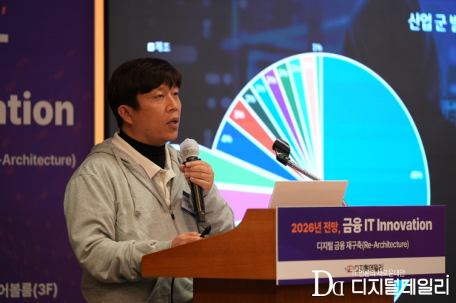 안랩 정승재 책임매니저는 11일 서울 소공동 롯데호텔에서 열린 '제21회 2026년 전망 금융 IT 이노베이션 콘퍼런스'에서 발표를 하고 있다.