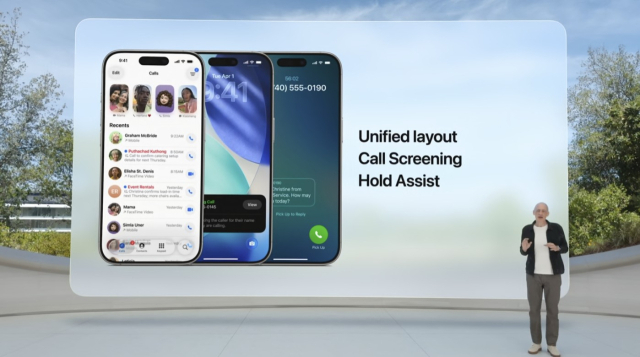 AI가 발신자 정보를 파악해 통화 여부를 알려주는 '통화스크리닝' 등 전화 관련 AI 기능들.[WWDC25 갈무리]