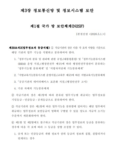 2026년 5월1일 개정된 '국가 사이버보안 기본지침'에는 업무정보의 등급식별에 대한 내용이 담겨 있다. [사진=국가정보원]