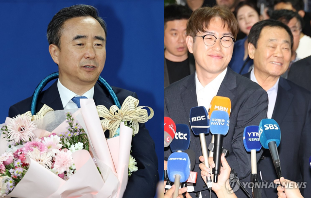 임문영 더불어민주당 당선인(왼쪽)이 당선을 확정 지은 이후 소감을 밝히고 있다. 하정우 더불어민주당 후보가 선거 패배 인정 기자회견에서 웃음지어 보이고 있다.[사진=연합뉴스]