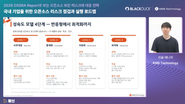 KMS테크놀로지 전솔 매니저는 OSSRA 리포트의 글로벌 지표가 국내 기업 환경에서는 산업별로 다른 위험 형태로 나타난다고 설명했다.