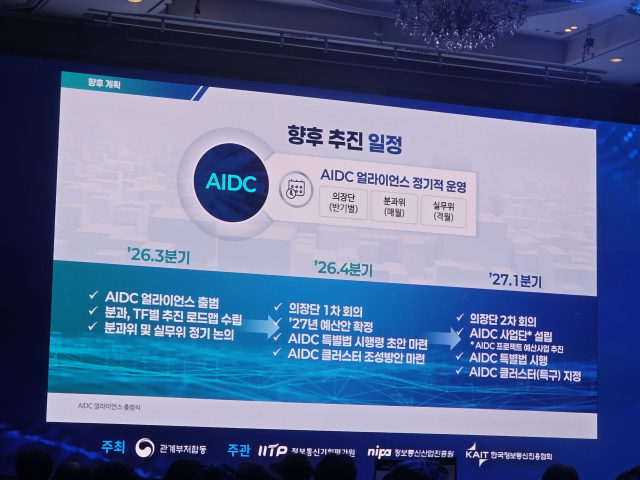‘AIDC 얼라이언스’ 출범식에서 공개된 향후 추진 일정. 얼라이언스는 올해 3분기 분과·TF별 로드맵을 수립하고 내년 1분기 AIDC 사업단 설립과 클러스터 특구 지정을 추진한다. [사진=정혜승 기자]