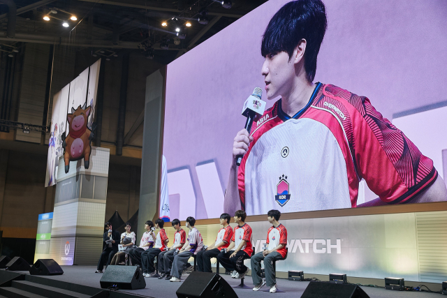 8월23일 넥슨 '오버워치 데이' 현장. OWWC 한국 국가대표팀의 출정식이 진행 중이다. [사진=넥슨]