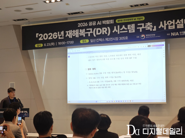 설동광 NIA 정보자원기반관리팀 팀장이 23일 일산 킨텍스에서 ‘2026년 재해복구(DR) 시스템 구축 사업’ 추진 계획을 발표하고 있다. [사진=이안나기자]