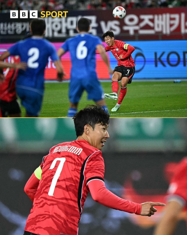6일 용인미르스타디움에서 열린 한국-우즈베키스탄의 A매치 평가전에서 프리킥으로 득점한 손흥민. BBC SPORT