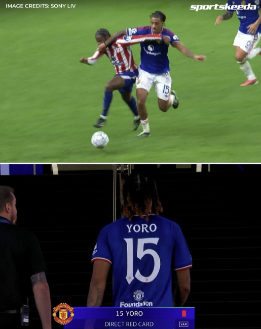 2026-2027시즌 유럽축구연맹(UEFA) 챔피언스리그(UCL) 리그 페이즈 2차전, 아틀레티코 마드리드 v 맨체스터 유나이티드전 맨유의 수비수 레니 요로의 퇴장. 스포츠키다