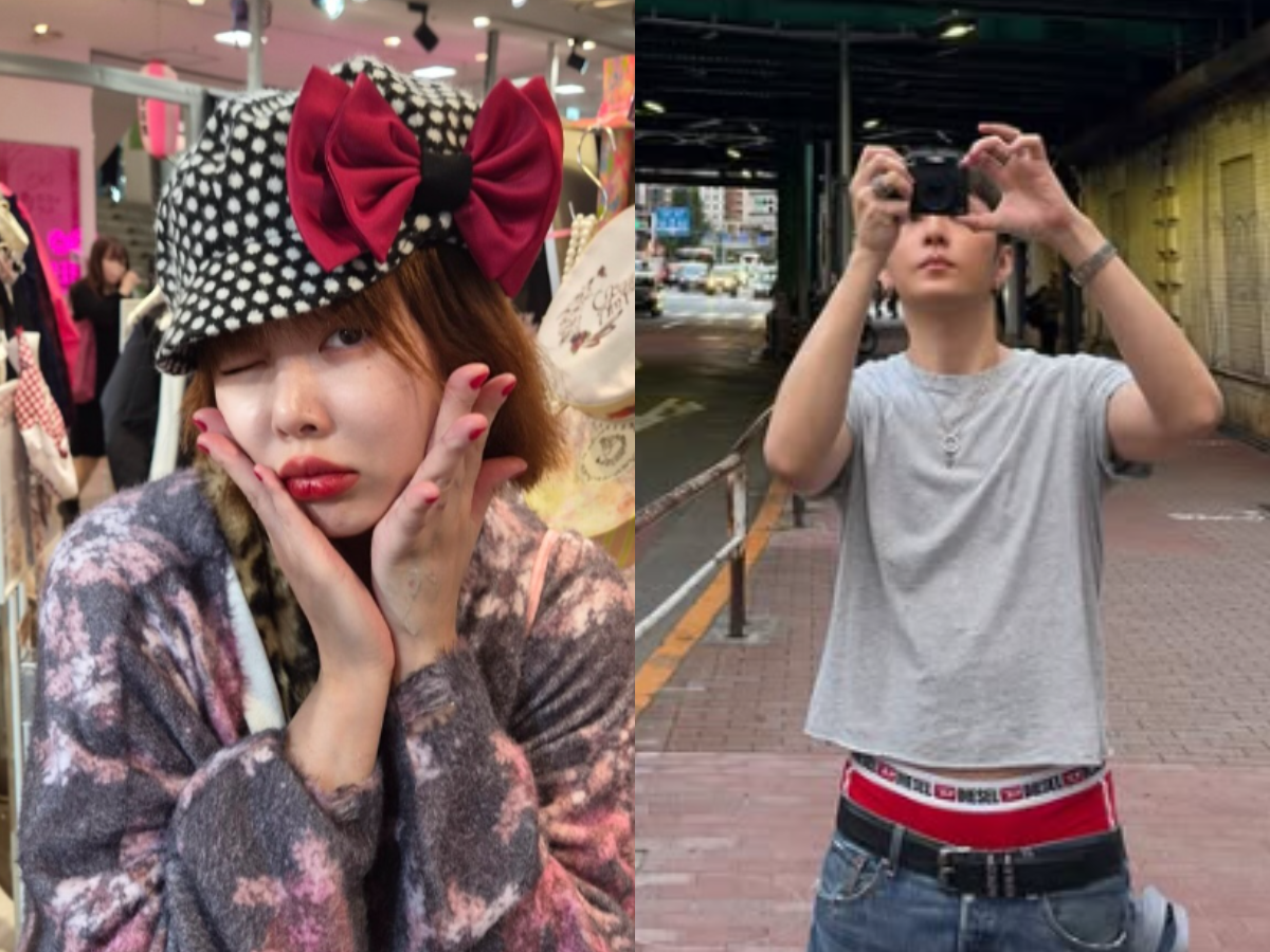 ヒョナは赤い大きなリボンの帽子、ヨン・ジュンヒョンは赤いウエストバンドを見せたジーンズ姿で日本旅行を楽しむ
