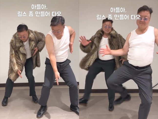 毛皮コートとサングラス姿のイ・ヒョジョンが、白いタンクトップ姿の息子イ・ユジンと並んで踊る動画の一場面