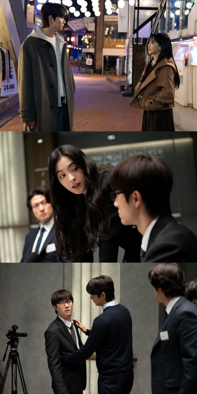 映画『最終面接』の場面写真。街角で向かい合う人物や面接室の場面を含む3カット