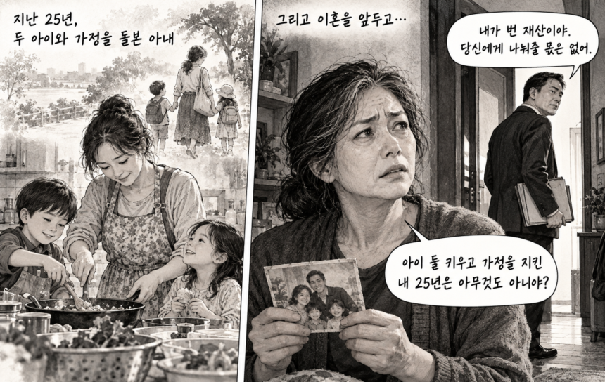 “돈을 벌지 않은 안내에게 나눠줄 재산은 없다” 남편 측 주장이었다. 사건의 내용을 재구성한 AI 생성 이미지.