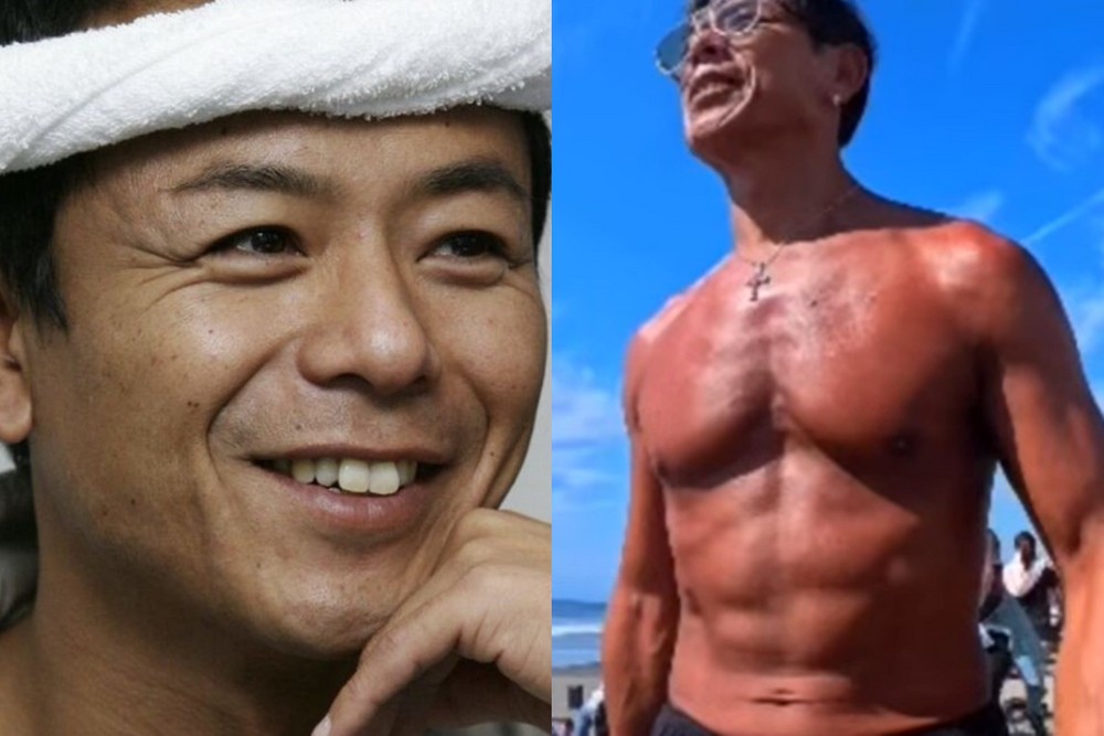 演歌歌手として活動していた頃の香田晋さんと、日焼けした体を見せる近況写真。